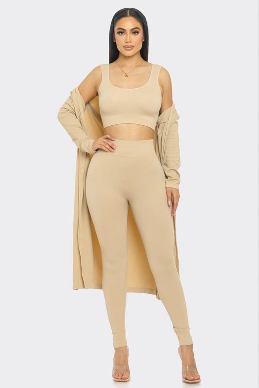 3pc Solid Long Cardigan Set With Sports Crop Top