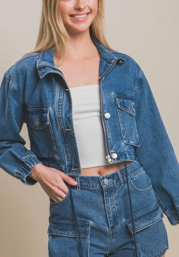 DENIM Long Sleeve Crop Jacket with drawstring