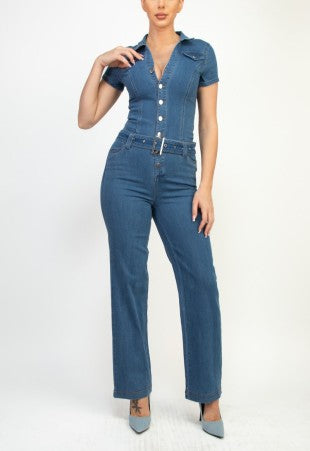Denim Skinny Jumpsuit Shortsleeve Buttoned