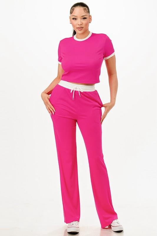 Ribbed Leisure 2 Piece Pants Set Short Sleeves