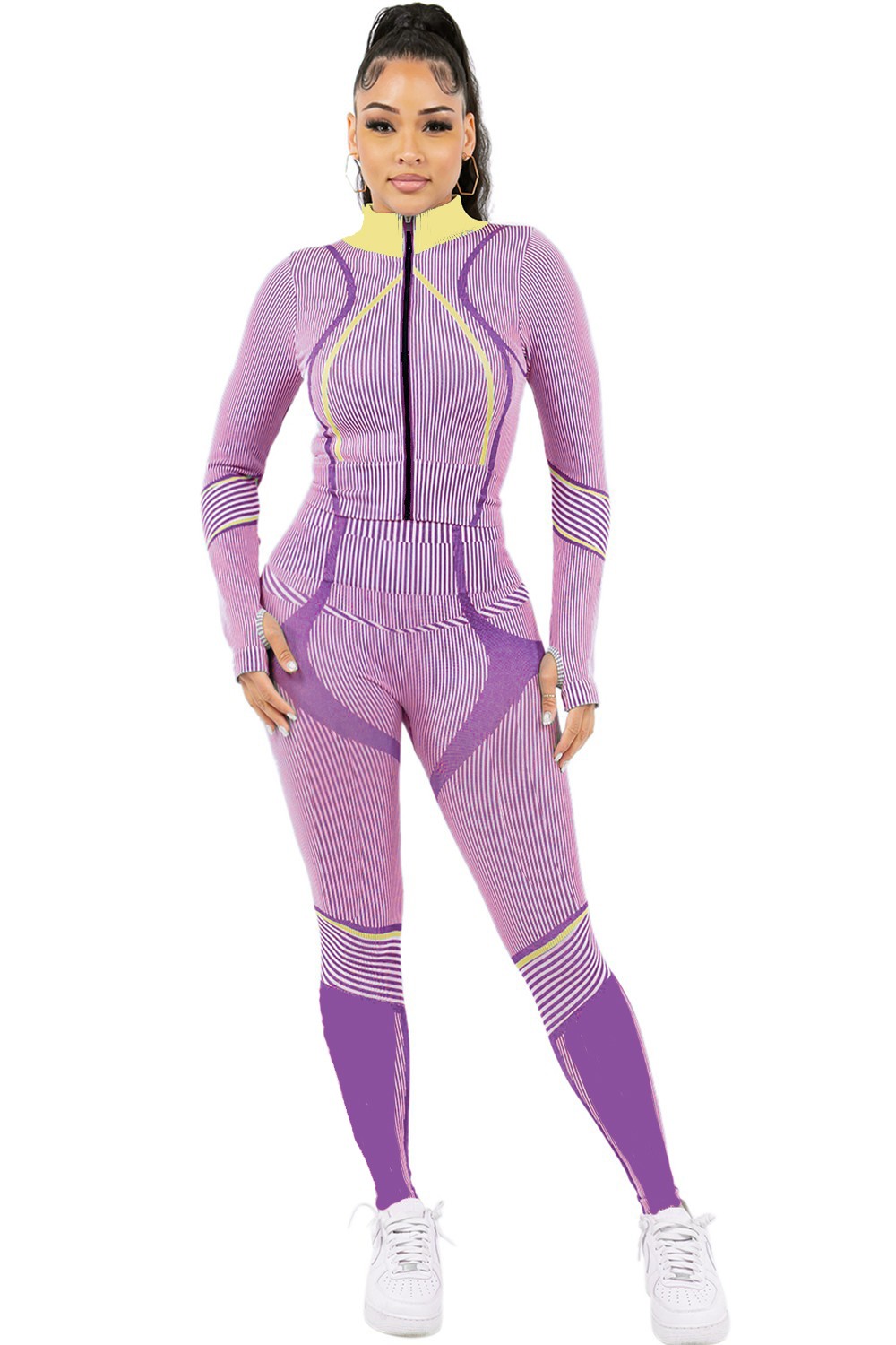 PURPLE Designed Active Wear LONG SLEEVE Jacket Leggings Set