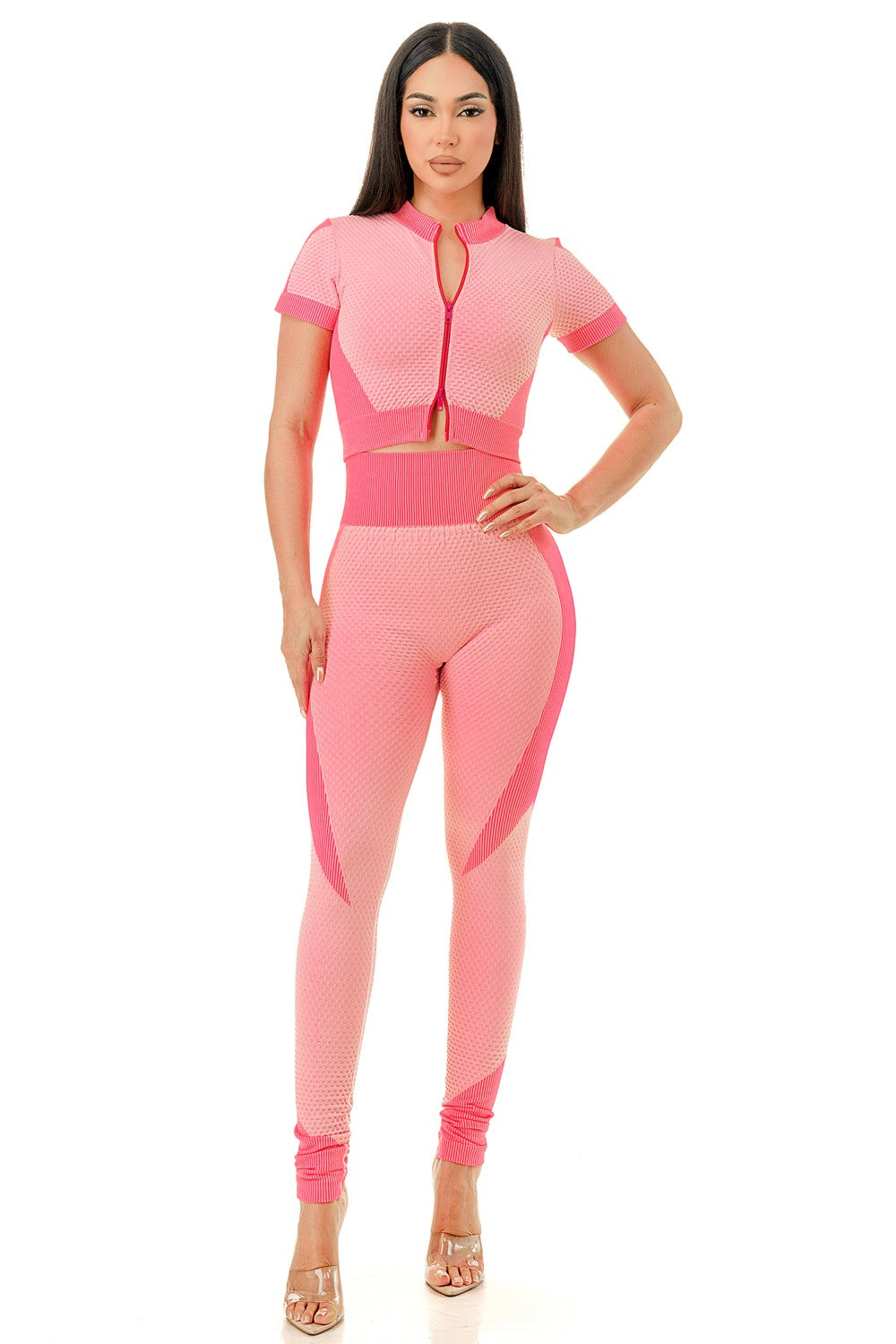 Short Sleeve Waffle Crop Top Leggings Activewear Set