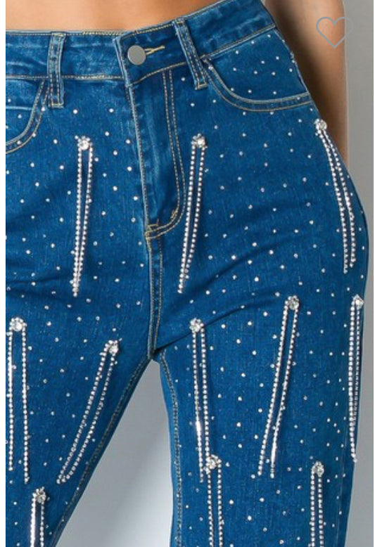 Rhinestone Fringe Stretch Denim