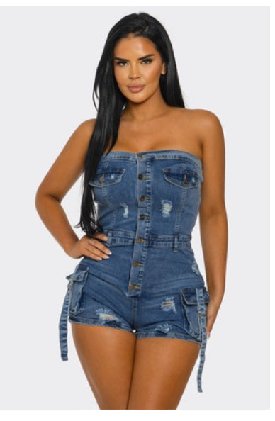 Denim Cargo Romper| Tube Top Style
