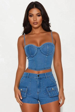 Denim Corset Tank And Cargo Shorts Set
