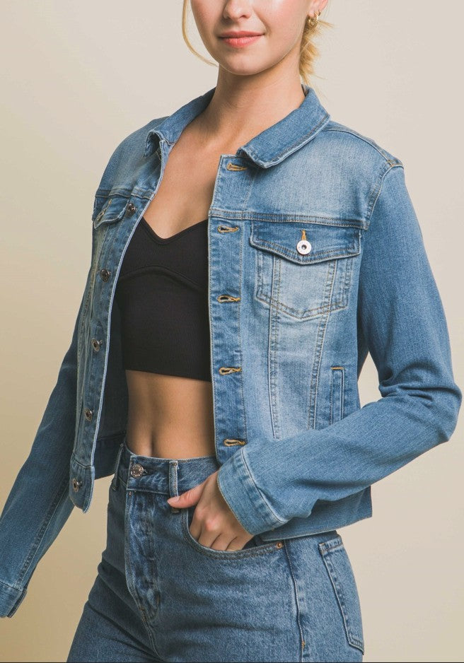 Distressed Button Up Stretchy Denim Jacket