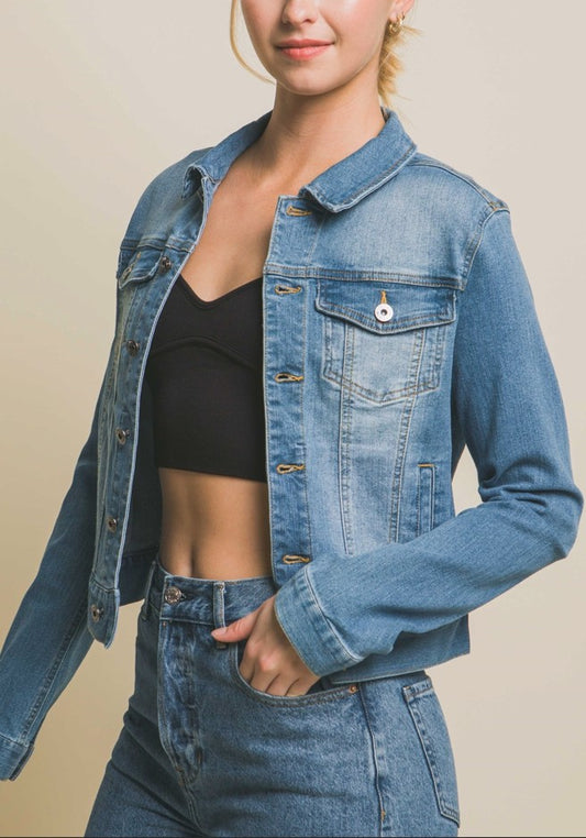 Distressed Button Up Stretchy Denim Jacket
