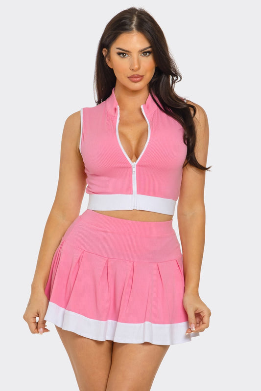 TENNIS Front Zipper Crop Top And Pleated Mini Skirt Set