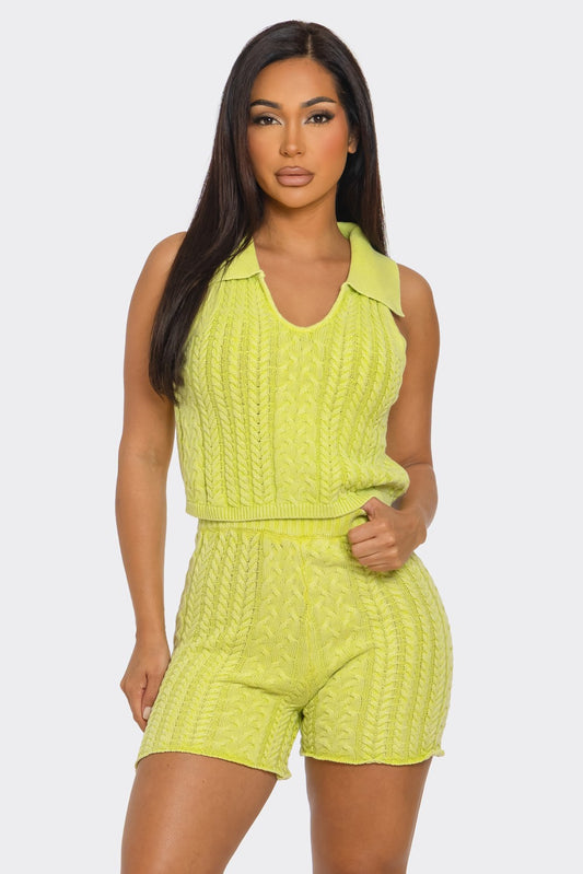 LIME Chunky Knit Sleeveless Top Shorts Set