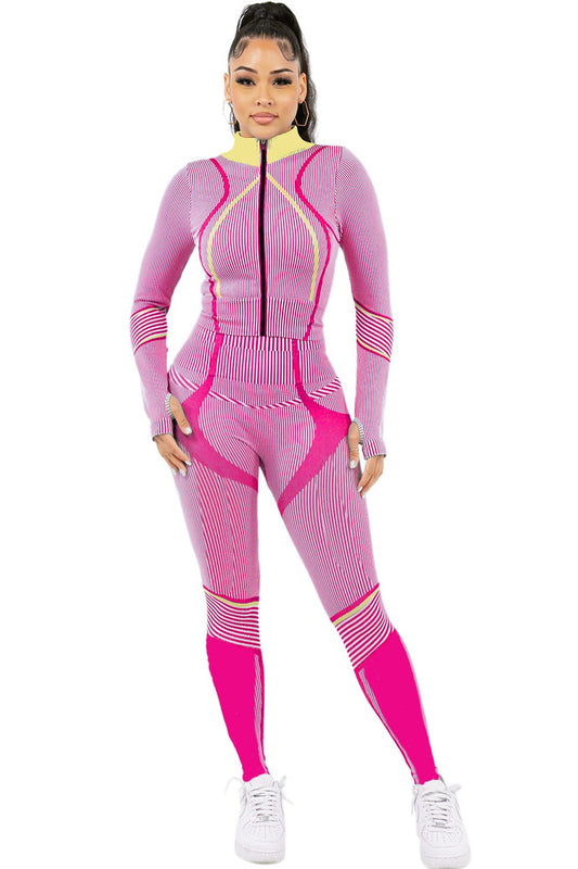 PINK Designed Active Wear LONG SLEEVE Jacket Leggings Set