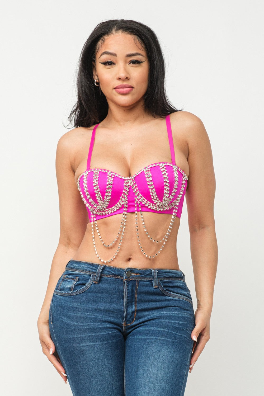 PINK Front Rhinestones Fringe Trim Detail Bustier Top