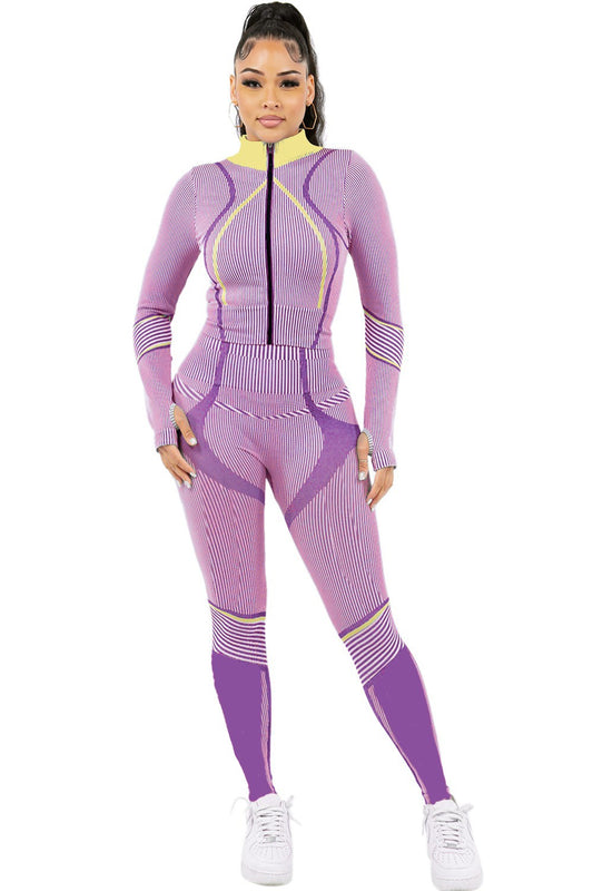 PURPLE Designed Active Wear LONG SLEEVE Jacket Leggings Set