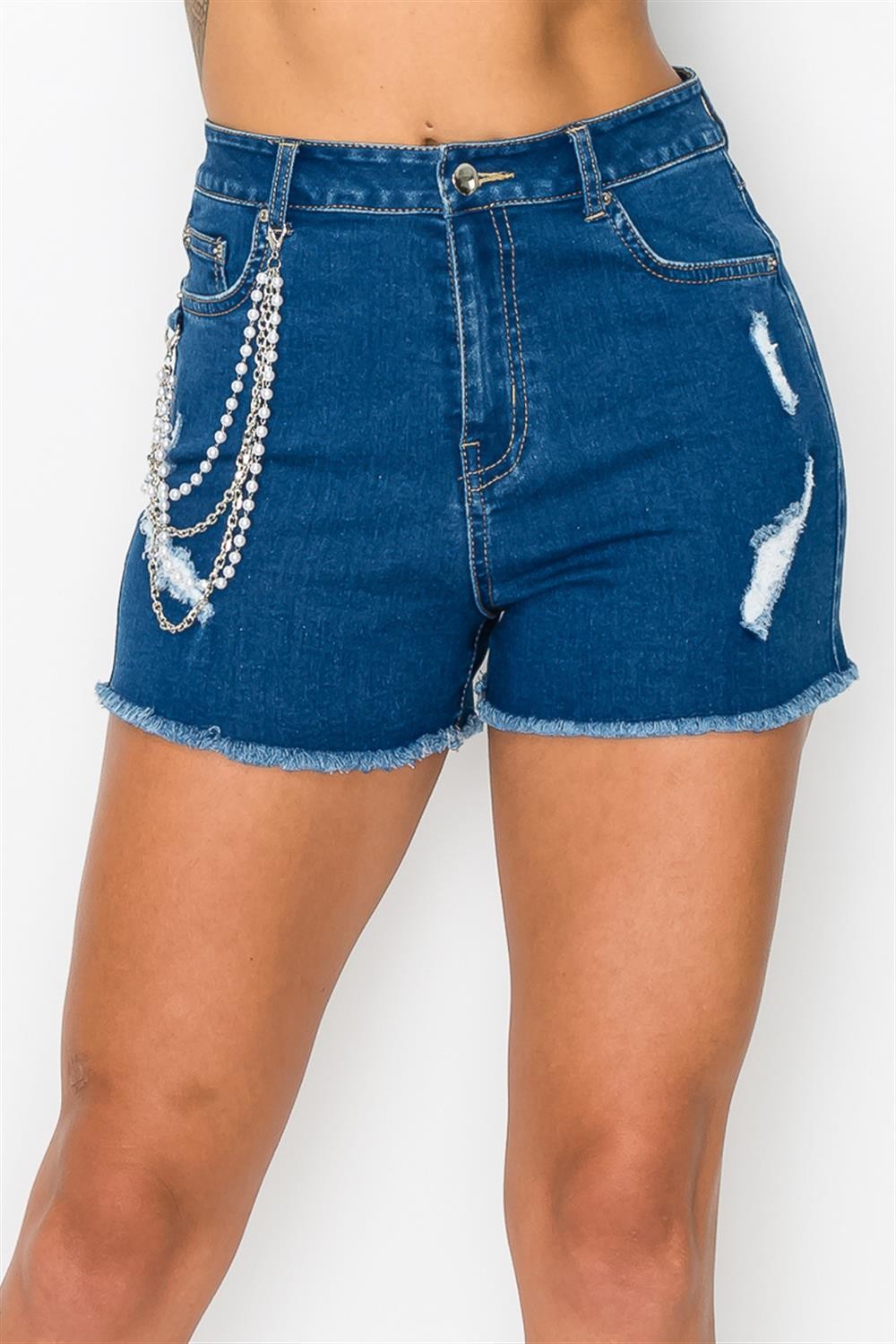Pearl Trim Frayed Denim Shorts