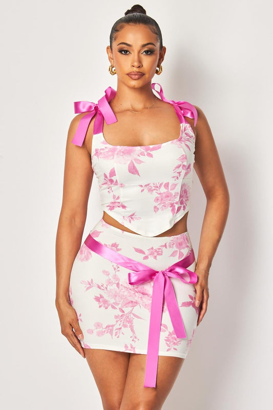 Pink Floral Satin Bow Skirt Set
