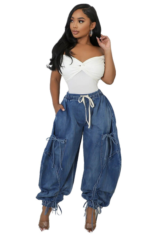 Puffy Style Denim Pants with Bowtie Strings