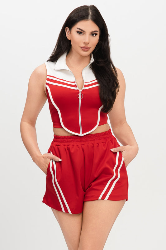 Red Stripe Front Zipper Top Short Set