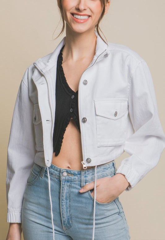 WHITE Long Sleeve Crop Denim Jacket